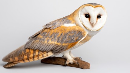 Barn owl perched on branch in studio, facing right, with light background, for nature projects