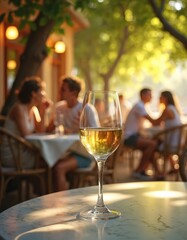 Fototapeta premium A glass of wine sits on a table in outdoor cafe. People enjoy time. Golden sunlight reflects in a glass. Warm atmosphere with trees. Celebration event.
