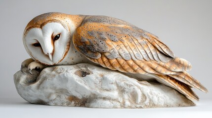 Ceramic owl sculpture on a light surface. Art object, decor, craft item