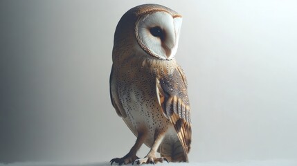 Barn owl standing looking right in a studio with diffused light for nature or wildlife use