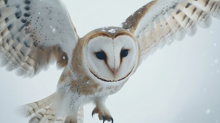 Barn owl flying through snowfall. Possible use nature stock photo