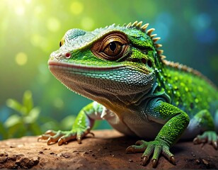Obraz premium Vivid green lizard in a forest setting, basking in sunlight