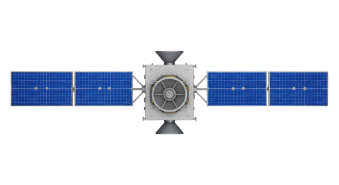 Overhead view of satellite with solar panels, on black background