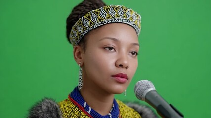 Cultural Speaker: A young woman, adorned in traditional attire and elaborate headwear, stands poised behind a microphone against a vibrant green backdrop, ready to address her audience.