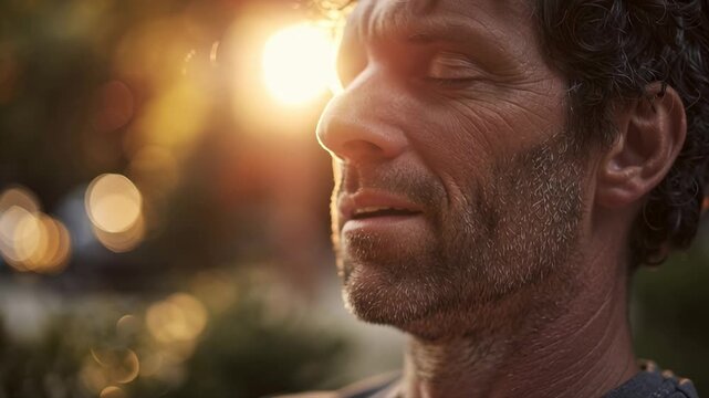 Close-up portrait of man with eyes closed meditating outdoors in morning sunlight. Concept of mindfulness, relaxation and mental well-being