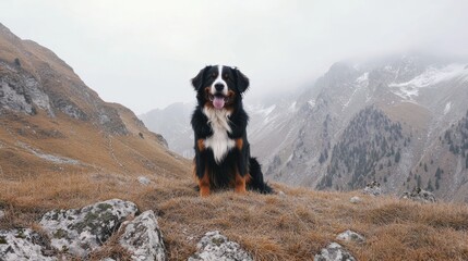 Dog sits on hill, mountain view.  Use pet, outdoor, adventure
