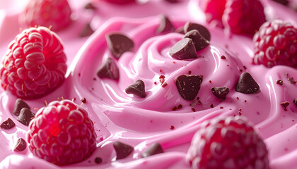 Raspberry yogurt topped with chocolate chips in extreme close-up
