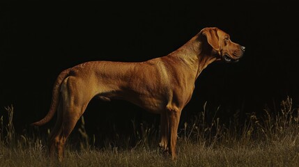 Brown dog stands in grass, black backdrop, for pet blogs/ads