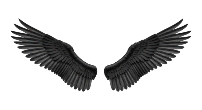 Pair of spread, dark bird wings, feathers detailed on a solid black background