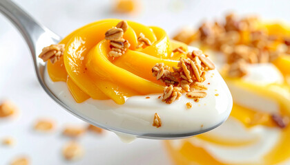 Spoonful of yogurt with mango puree swirl and granola topping macro