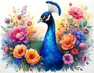 Vivid watercolor painting of a proud peacock amidst colorful blooms