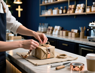 Person in apron tying twine bow on gift at a retail counter.
