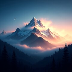 Majestic Snow-Capped Mountains at Sunset with Ethereal Clouds and Forest.