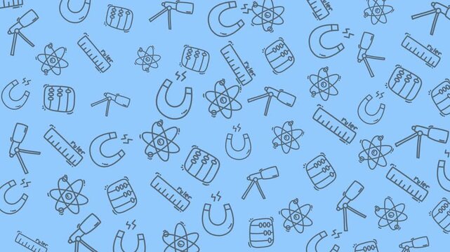 School science pattern with atoms, magnets, rulers, and telescopes. Suitable for educational materials, science themed designs, and school resources