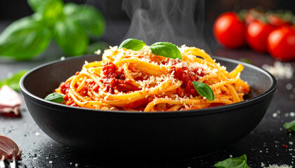 Fresh pasta tossed in tomato sauce pan with steam and splashes macro