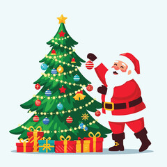 Jolly Santa Claus decorating a festive Christmas tree with colorful ornaments and lights, surrounded by wrapped gift boxes.