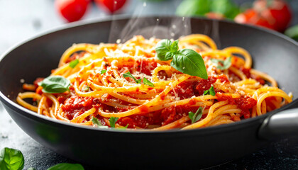 . Fresh pasta tossed with tomato sauce in pan, macro steam and splashes 460122.jpg