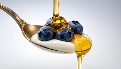 Creamy yogurt spoonful topped with blueberries and honey drizzle