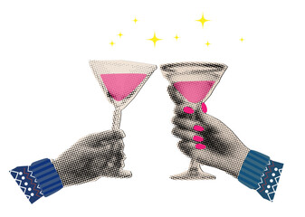 Trendy halftone art collage,man and woman hands holding martini glass and congratulate each other Christmas,magic night