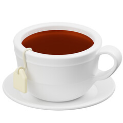 A White Ceramic Tea Cup Filled With Dark Amber Tea And A Light Beige Tea Bag Tag Resting On A Matching Saucer Isolated On A Transparent Background.