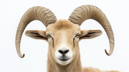 Close-up portrait of a desert bighorn sheep against white background. Possible use Stock photo