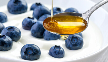 Spoonful of yogurt topped with fresh blueberries and golden honey drizzle