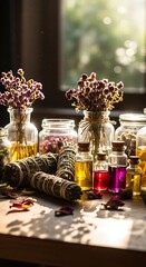 Apothecary Still Life - Herbal Remedies and Essential Oils in Sunlight.