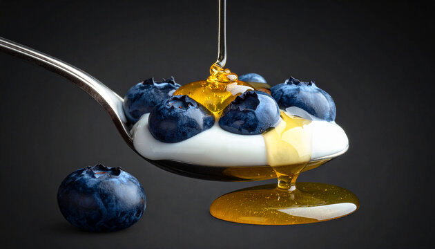 Spoon of yogurt with blueberries and golden honey drizzle