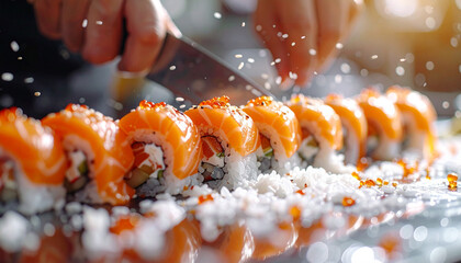 Sushi roll being sliced, glossy rice and fresh salmon, macro close-up 744130.jpg