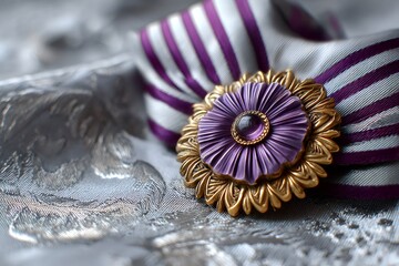 Purple and gold medal honor ribbon on fabric