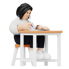 A Young Person in a White Sweater and Dark Pants Sits at a Wooden Desk Writing in a Notebook with a Blue Pen Focused Expression Isolated on a Transparent Background