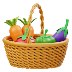 A Woven Basket Filled With Freshly Harvested Colorful Vegetables Including Tomatoes Carrots Eggplant And Green Peppers On A Transparent Background