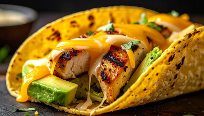 Grilled chicken taco with avocado and melting cheese macro texture