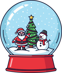 A festive snow globe featuring Santa Claus, a snowman, and a decorated Christmas tree.