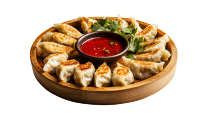 Dumplings with Red Dipping Sauce Presented on Wooden Plate Asian Food Photo