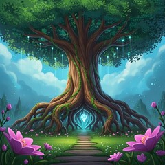 Enchanted Tree of Life with Glowing Portal and Pink Flowers.