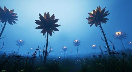 Mystical Blue Flowers in Foggy Field at Night.