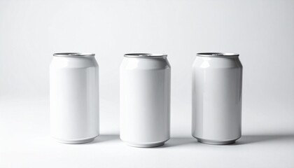Sleek, unbranded white aluminum cans in a studio shot, offering a versatile blank canvas for beverage product mockups, branding, and design against a clean, minimalist backdrop