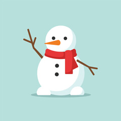 A cheerful snowman with a red scarf, carrot nose, and stick arms waving hello.