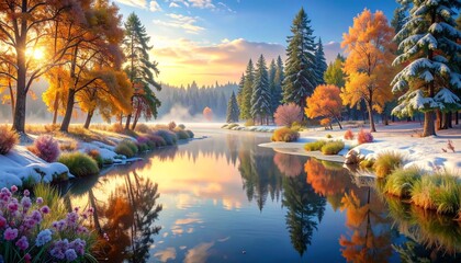 Scenic Riverside Autumnal Landscape Serene Reflections of Fall Colors and Misty Waters