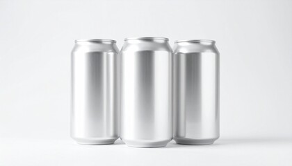 Three blank aluminum beverage cans on a white background, perfect for product mockups, branding, and designs related to drinks, sustainability, or packaging