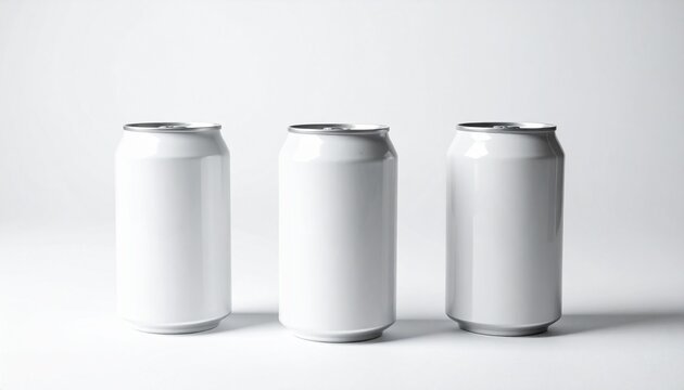 Sleek, unbranded white aluminum cans in a studio shot, offering a versatile blank canvas for beverage product mockups, branding, and design against a clean, minimalist backdrop