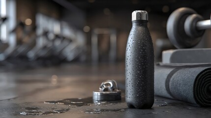 A sleek black insulated water bottle rests on the gym floor, surrounded by workout equipment and a rolled yoga mat.