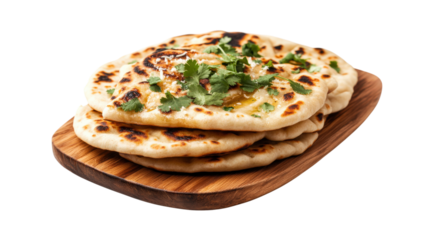 Freshly Baked Naan Bread Stacked on Rustic Wooden Board Garnished with Cilantro