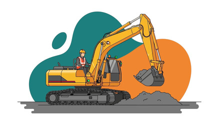 Construction worker operating yellow excavator digging earth Industrial development and labor