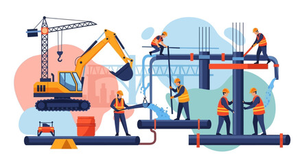 Construction team installs pipes for water infrastructure Industrial project teamwork development concept