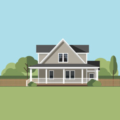 flat color of traditional two story farmhouse with a porch, green lawn, wooden fence and trees against a blue sky