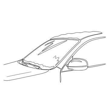 Car windshield with snow drawn in minimalist black and white line art