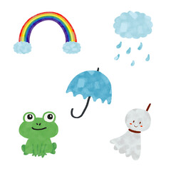 水彩風　梅雨のいろんな素材イラストセット
