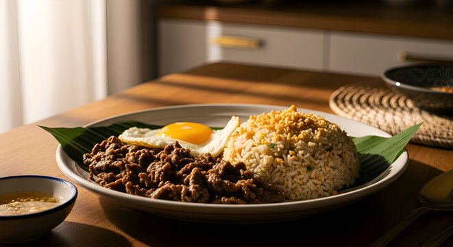 Delicious silog meal with fried egg, rice, and meat on a plate, food photography